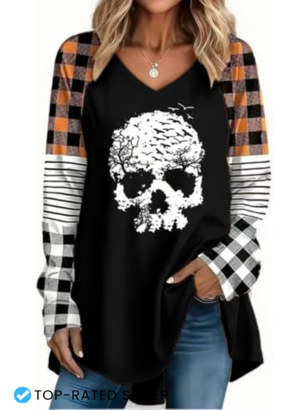 Women's Raglan Sleeve Plaid Tunic Top - V-Neck Long Sleeve Cotton Blend
